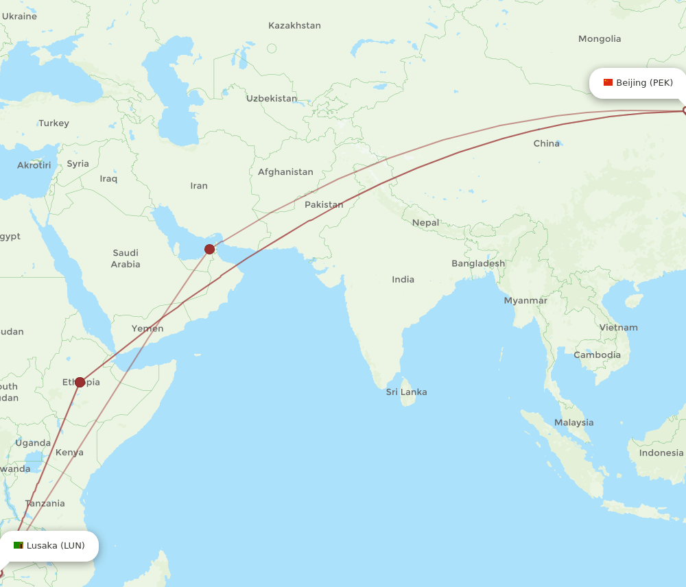 PEK to LUN flights and routes map