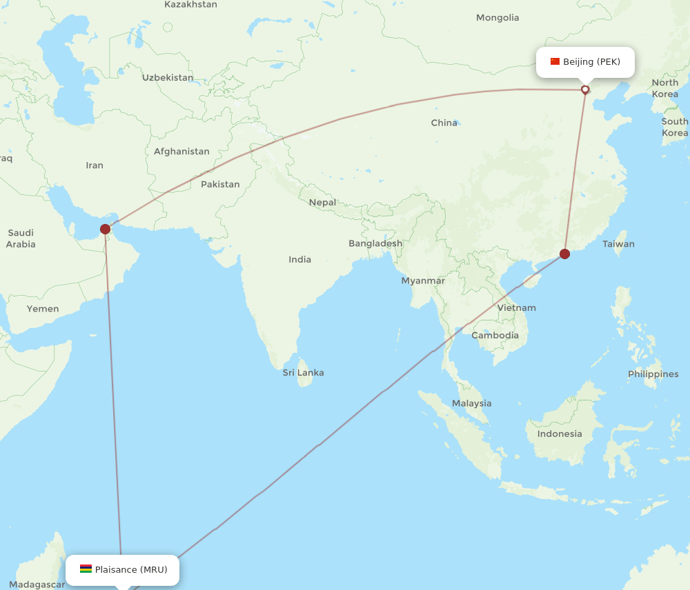 PEK-MRU flight routes