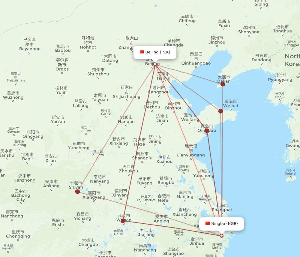 PEK to NGB flights and routes map