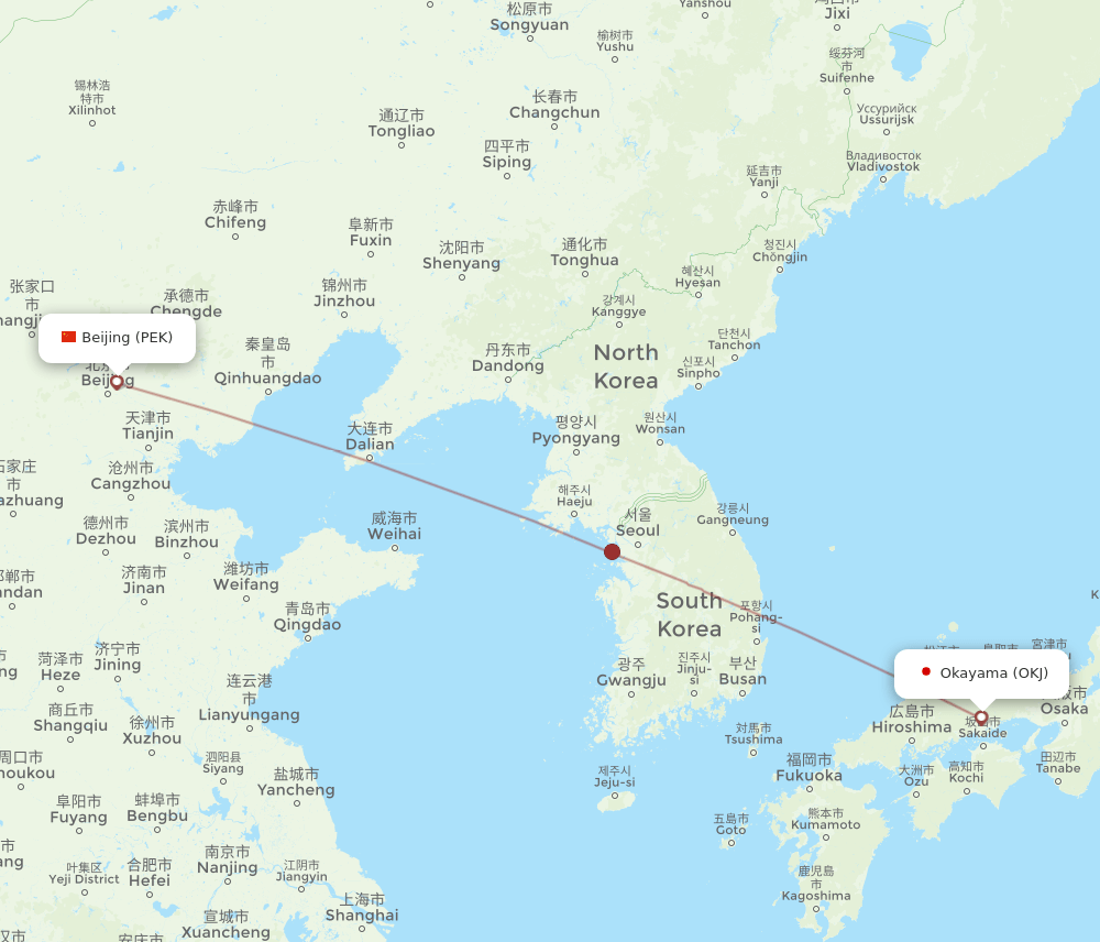 PEK to OKJ flights and routes map