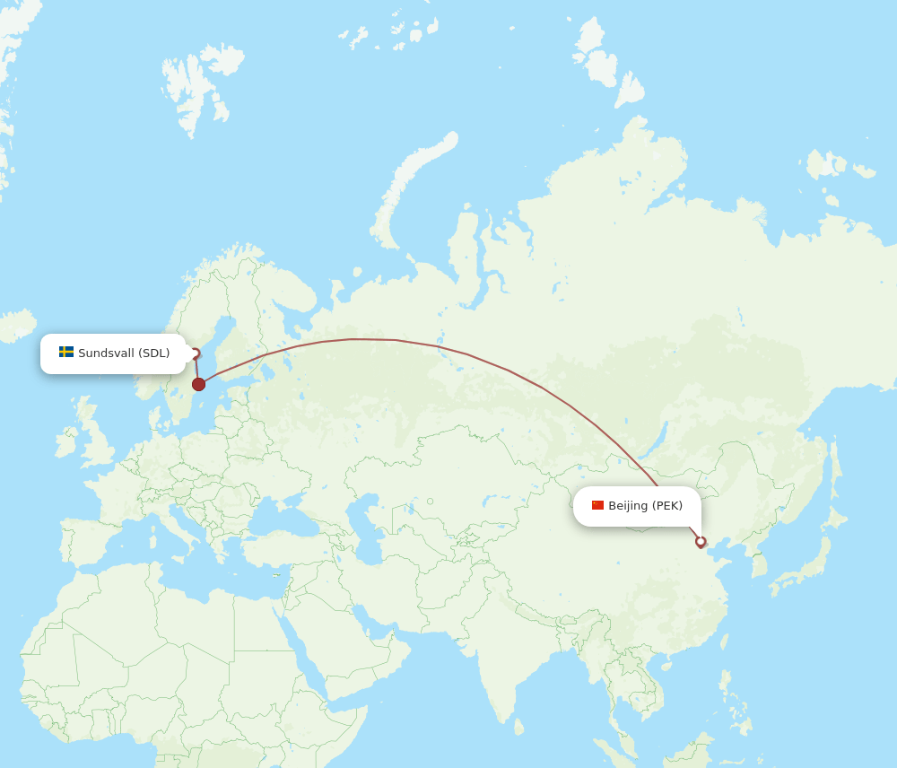 Sundsvall - Beijing route map and flight paths