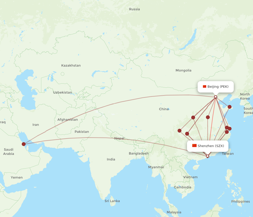 PEK to SZX flights and routes map