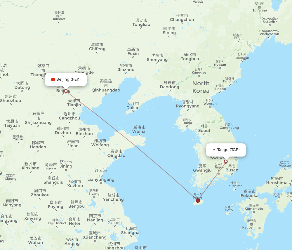 Daegu - Beijing route map and flight paths