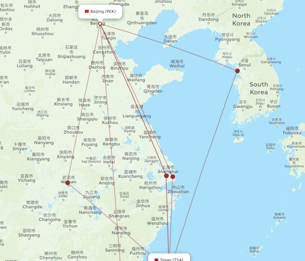 PEK-TSA flight routes