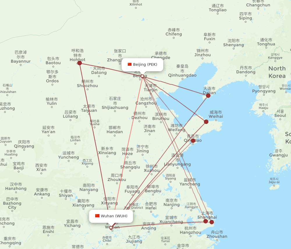 PEK to WUH flights and routes map