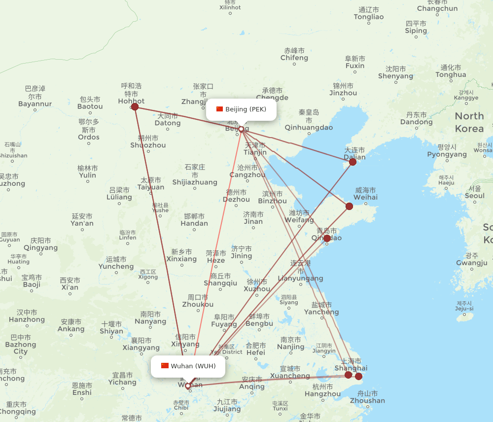 PEK-WUH flight routes