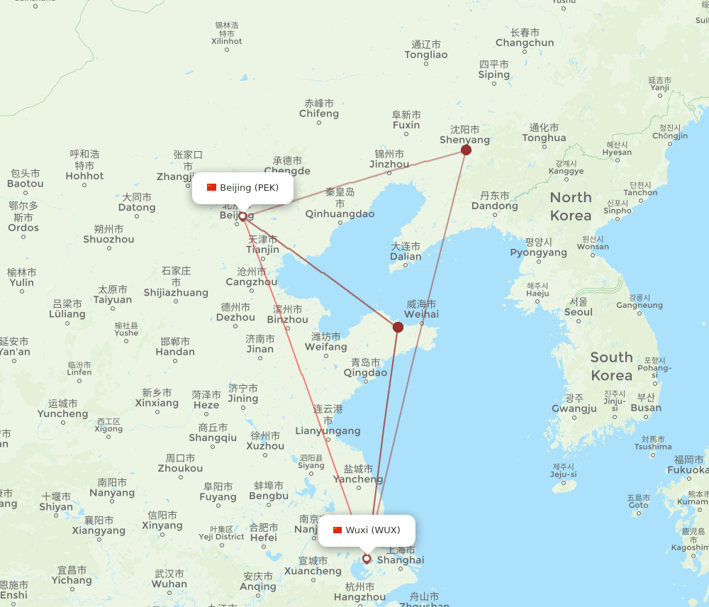 PEK-WUX flight routes