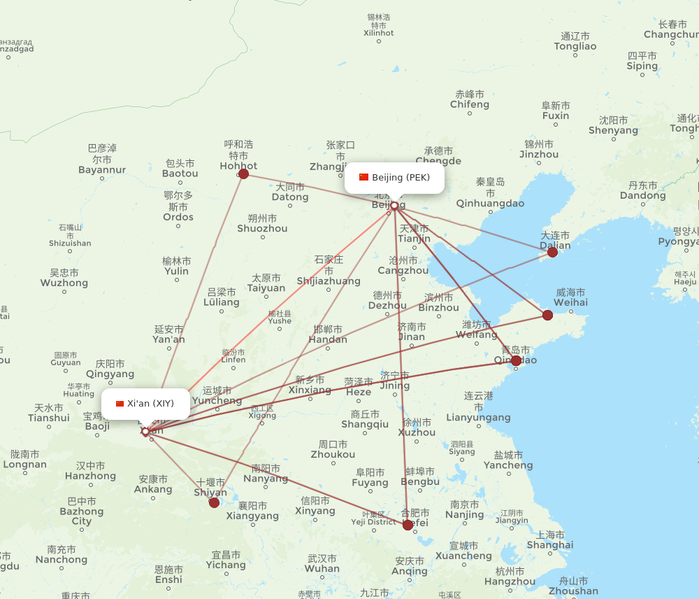 PEK to XIY flights and routes map