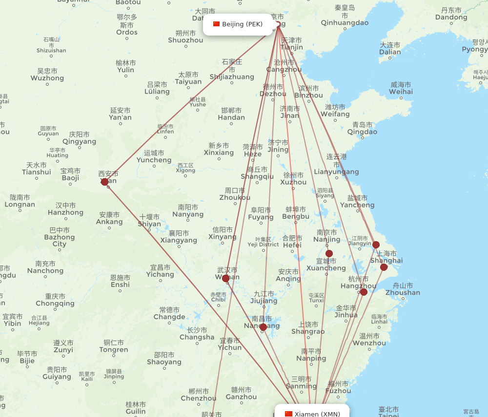 PEK to XMN flights and routes map