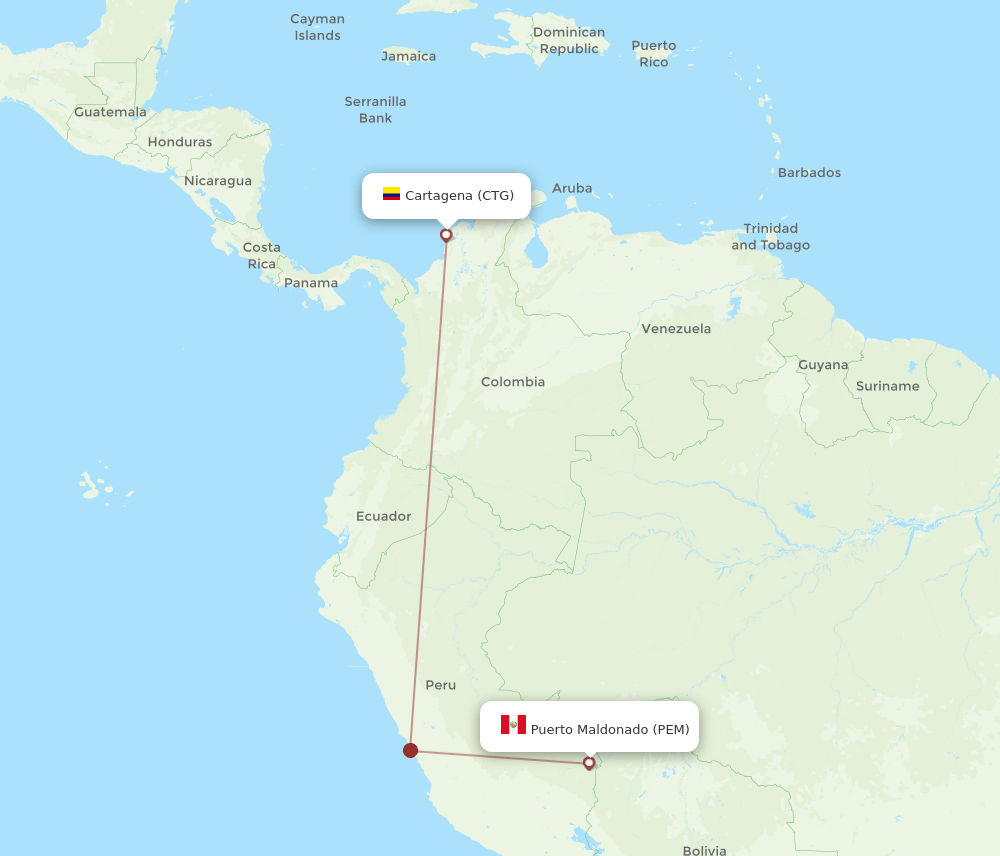 Cartagena - Puerto Maldonado route map and flight paths