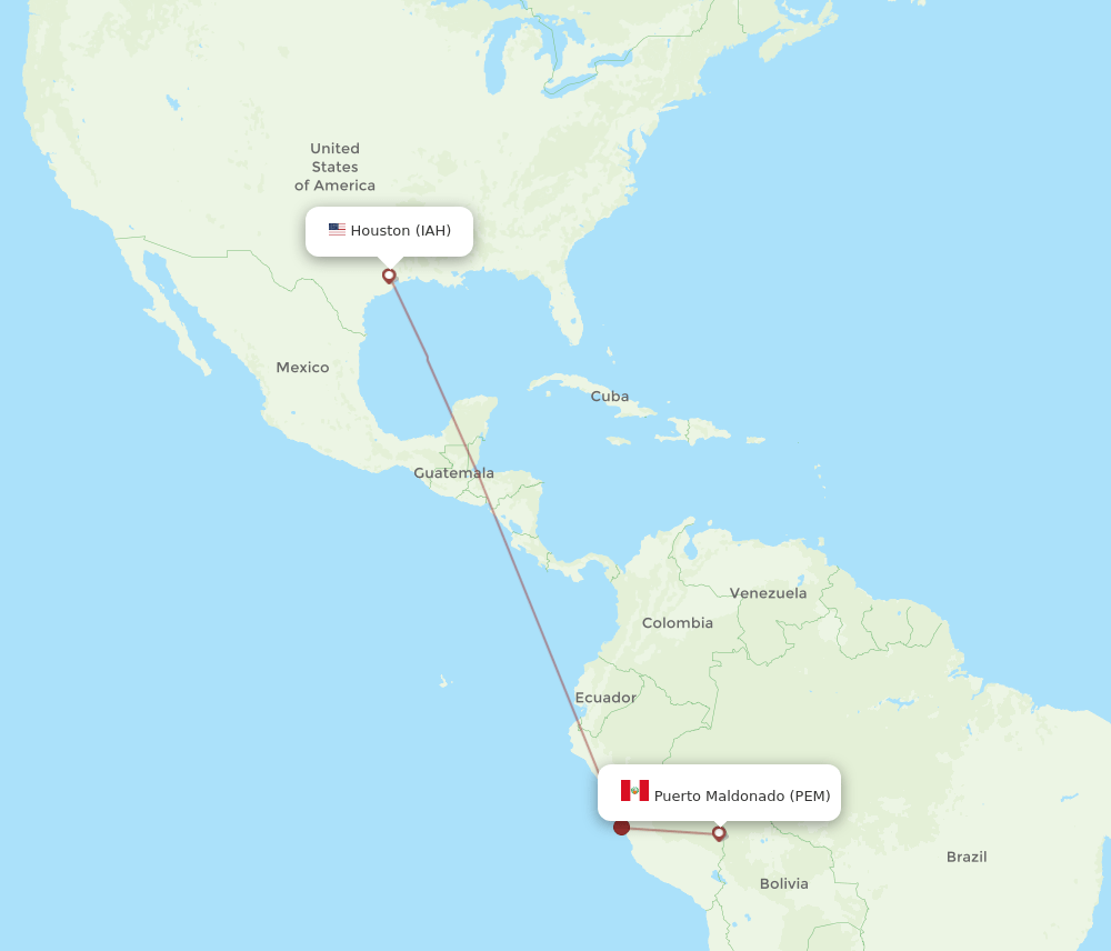 Puerto Maldonado - Houston route map and flight paths