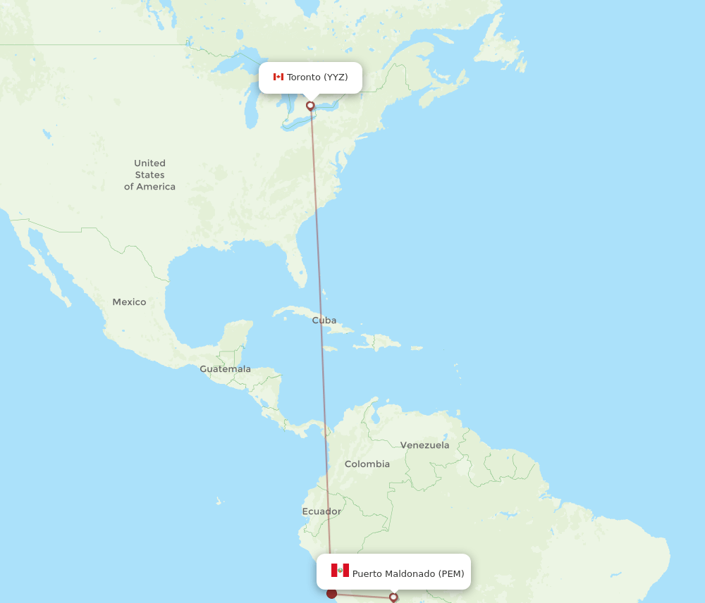 Toronto - Puerto Maldonado route map and flight paths