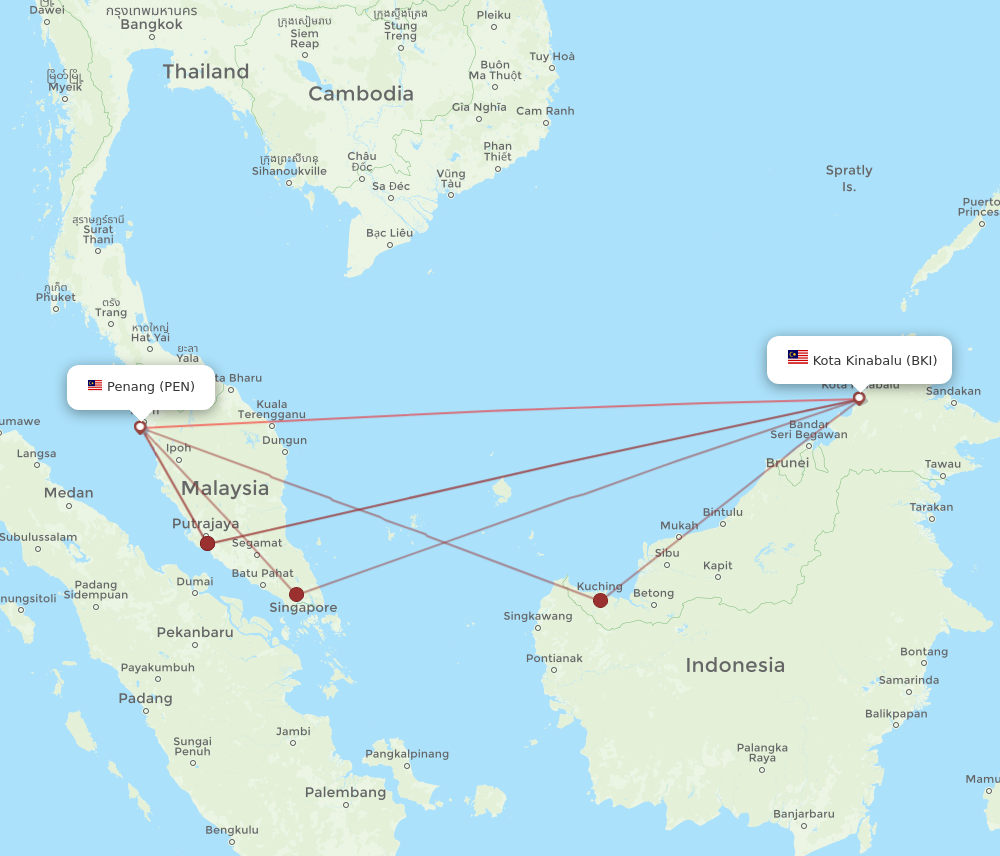 PEN to BKI flights and routes map