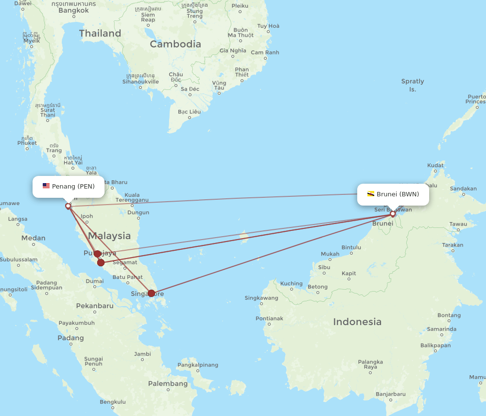 PEN to BWN flights and routes map