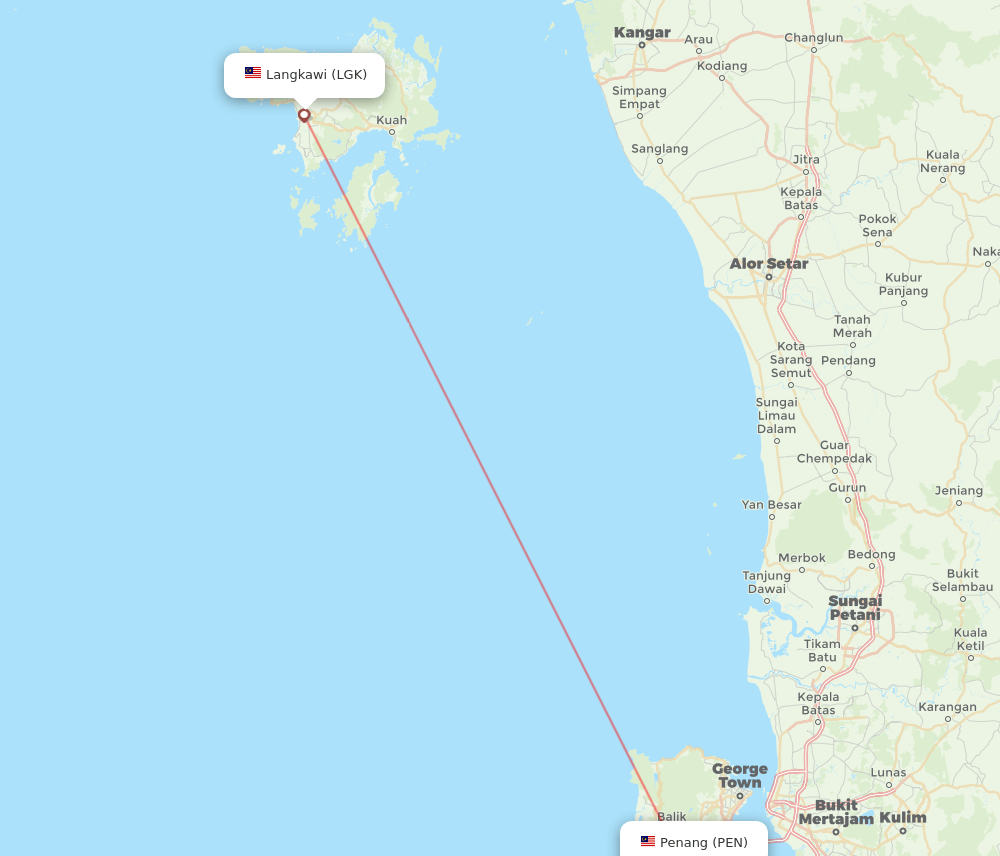 Penang - Langkawi route map and flight paths