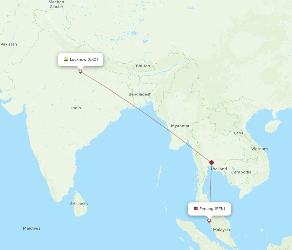 Lucknow - Penang route map and flight paths