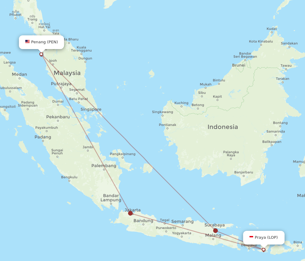 PEN to LOP flights and routes map