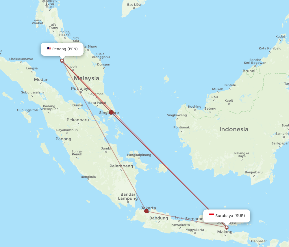 PEN to SUB flights and routes map