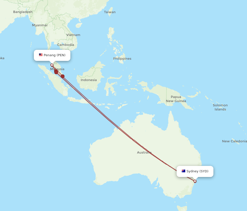 PEN to SYD flights and routes map