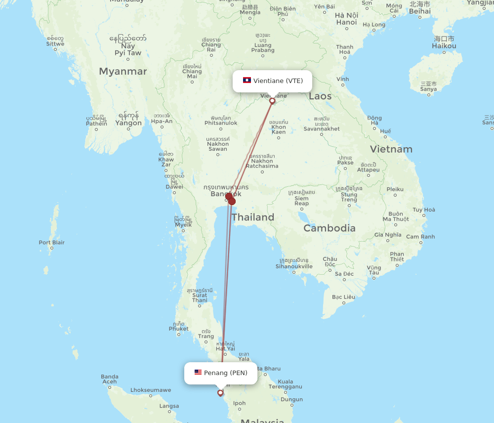 PEN to VTE flights and routes map