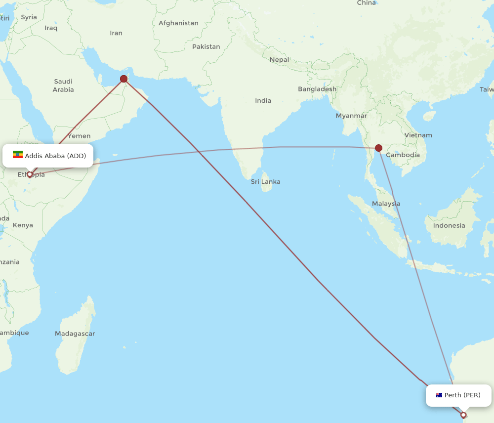 PER to ADD flights and routes map