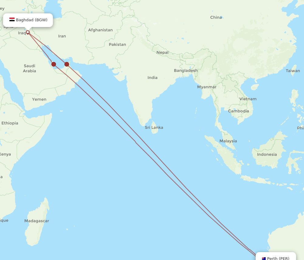 PER to BGW flights and routes map
