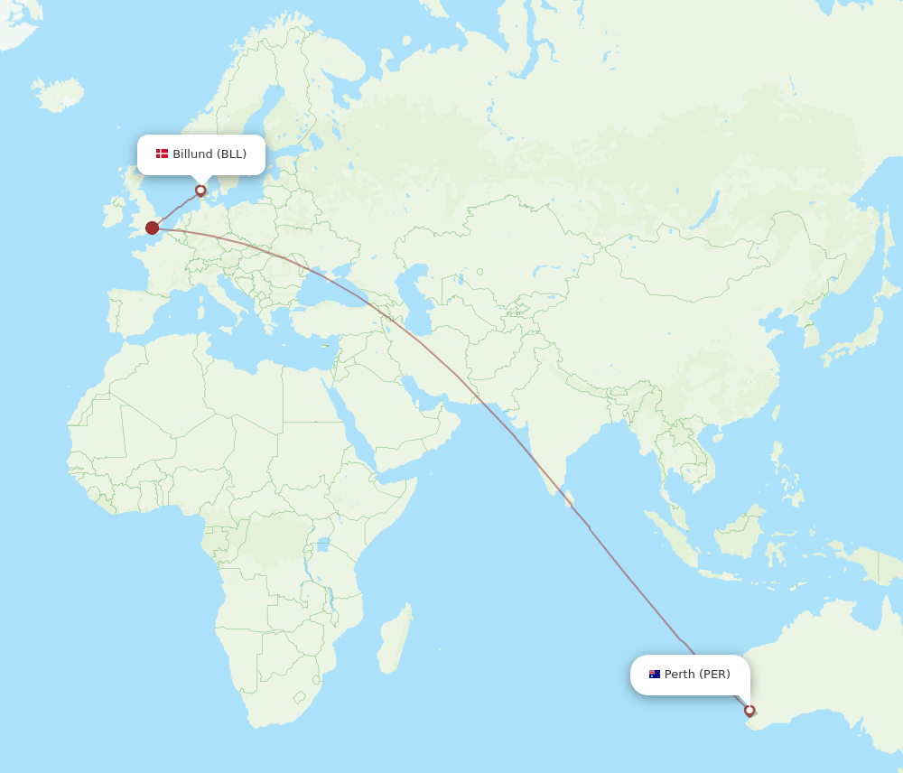 Billund - Perth route map and flight paths
