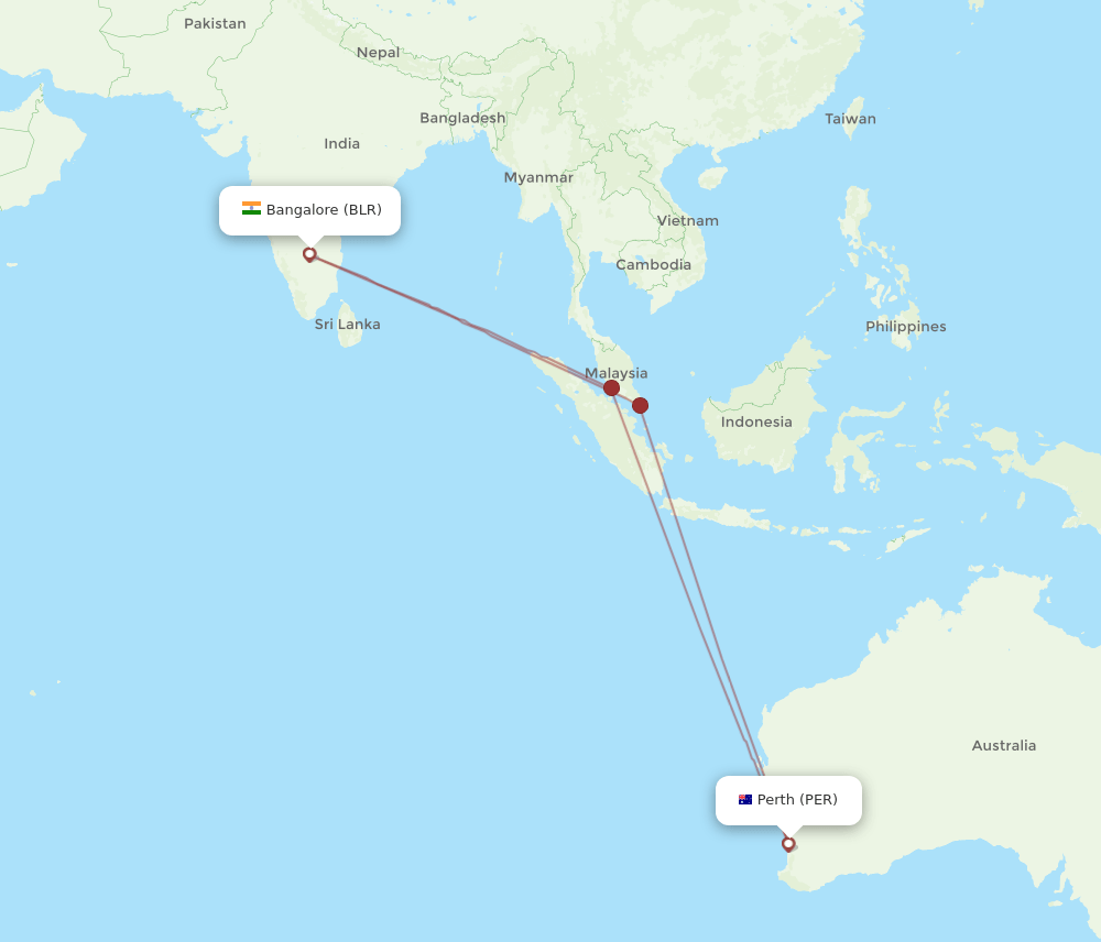 PER to BLR flights and routes map