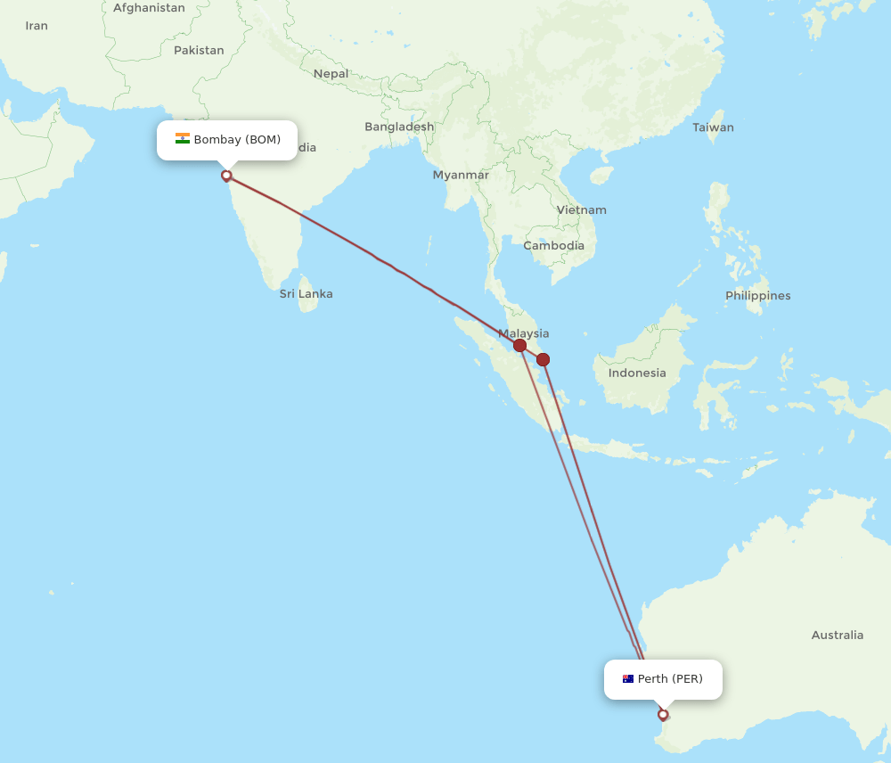 PER to BOM flights and routes map