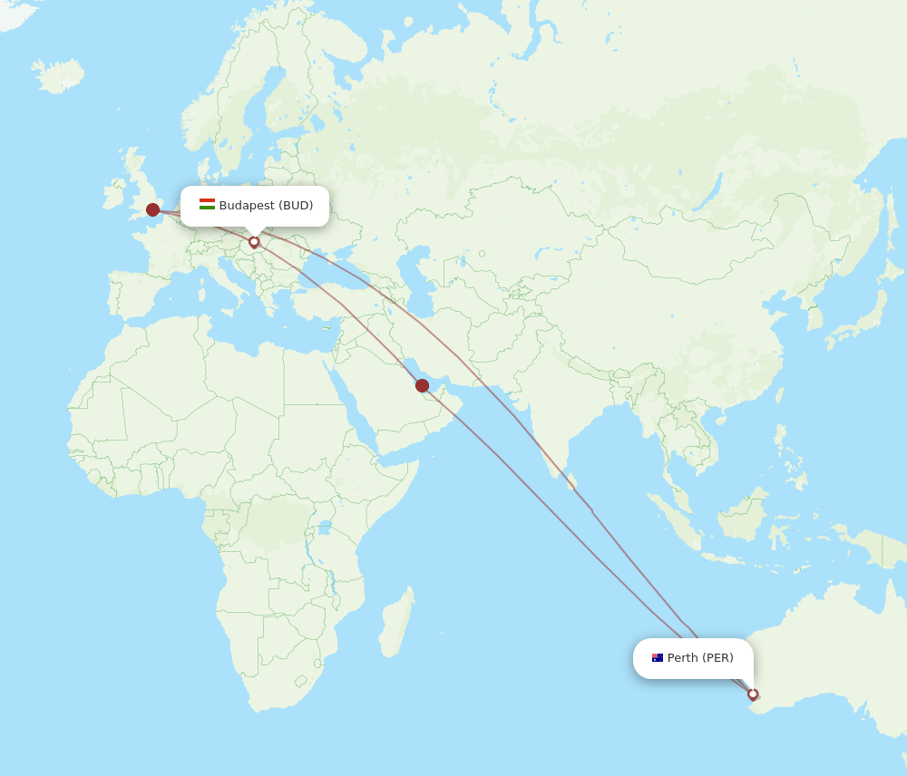 PER to BUD flights and routes map