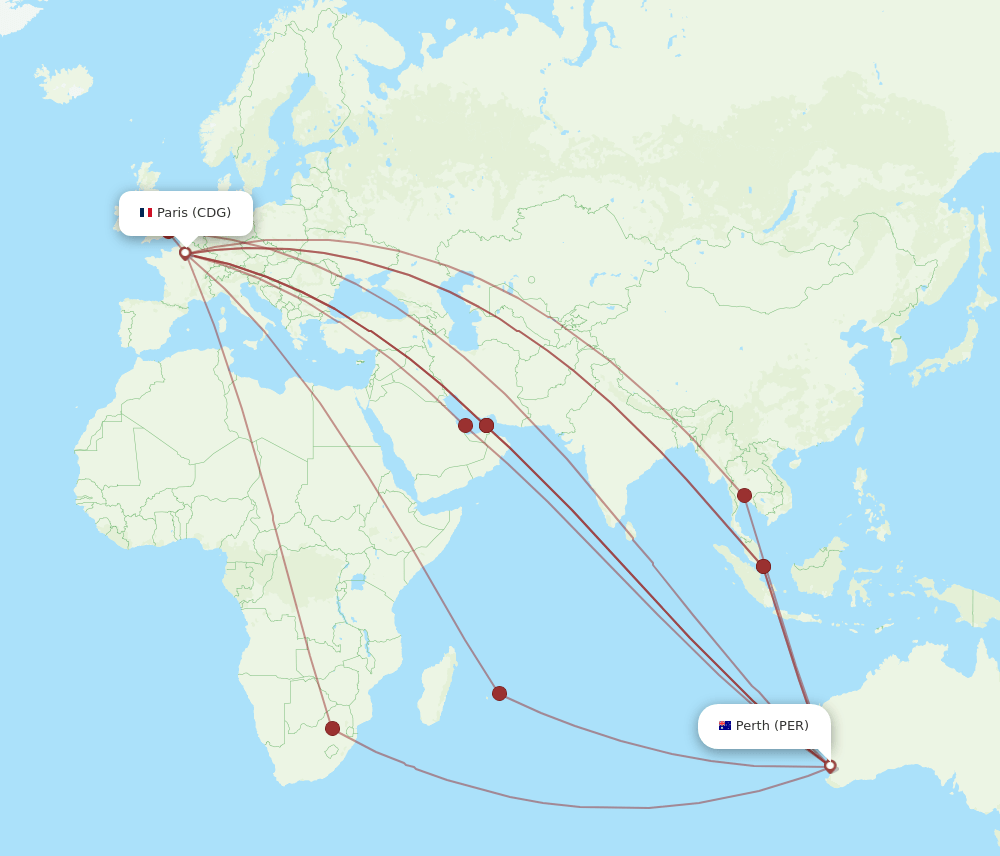 PER to CDG flights and routes map