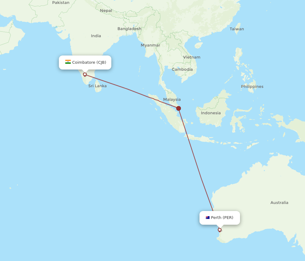 Coimbatore - Perth route map and flight paths