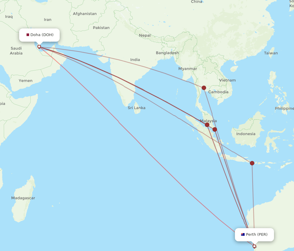PER to DOH flights and routes map