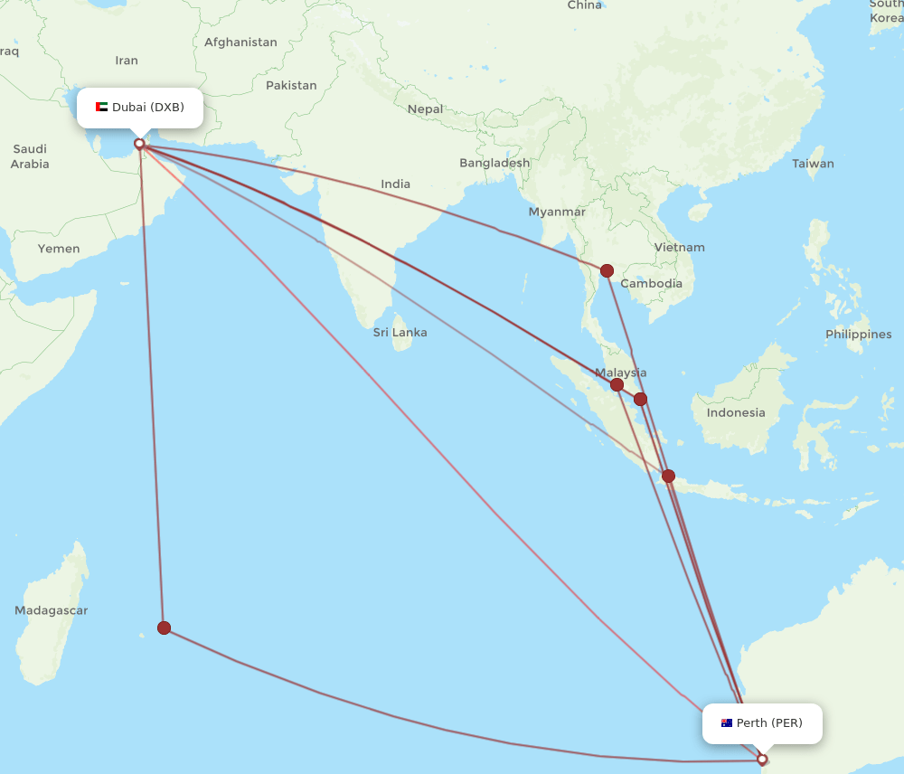 PER to DXB flights and routes map