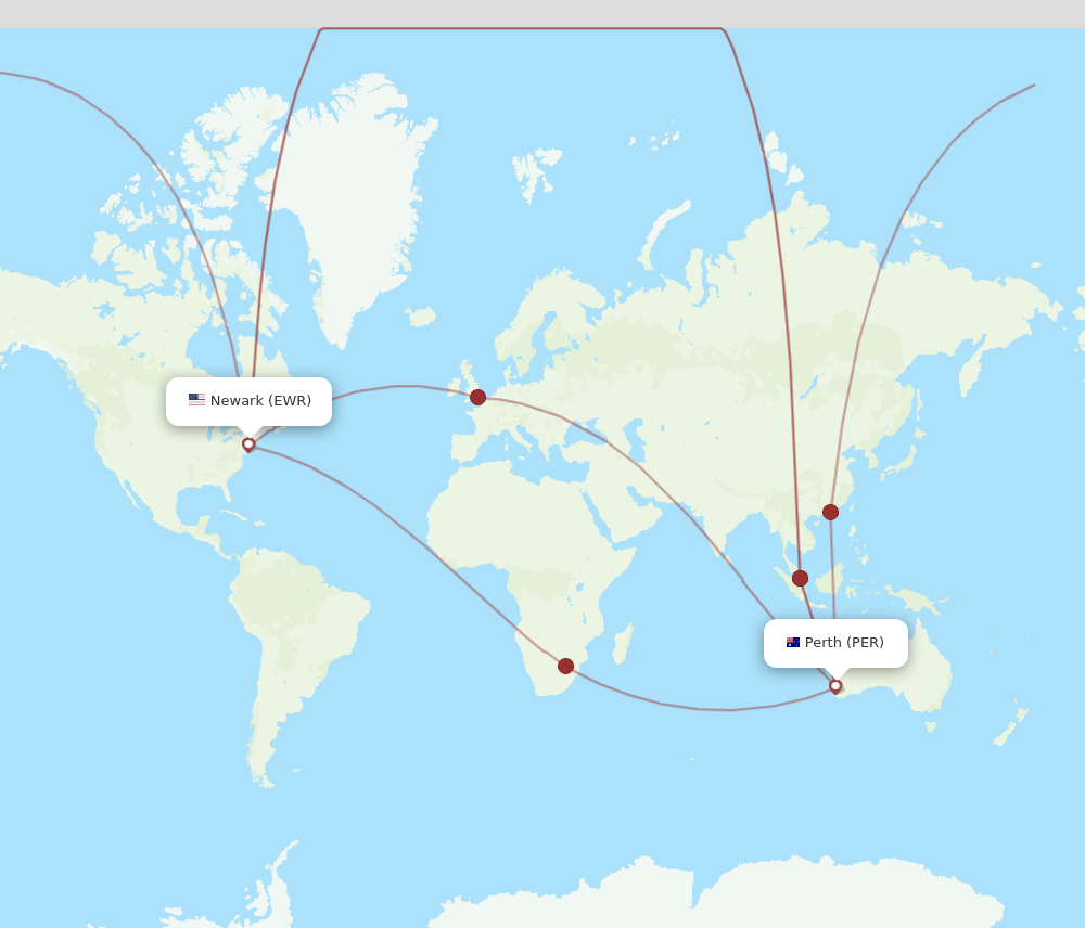 PER to EWR flights and routes map