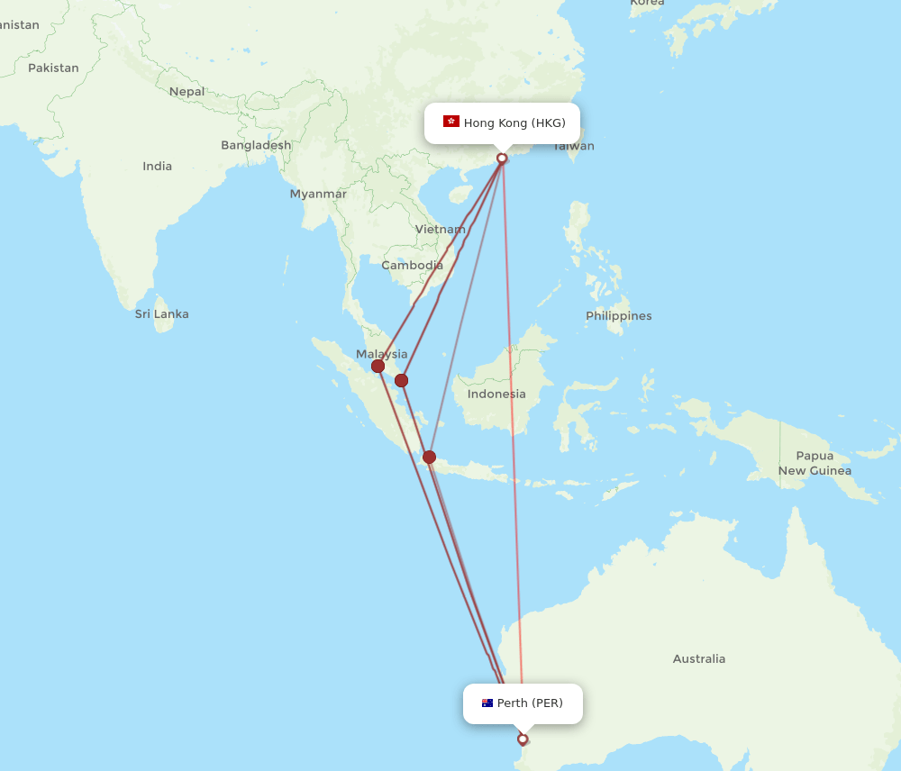 PER to HKG flights and routes map