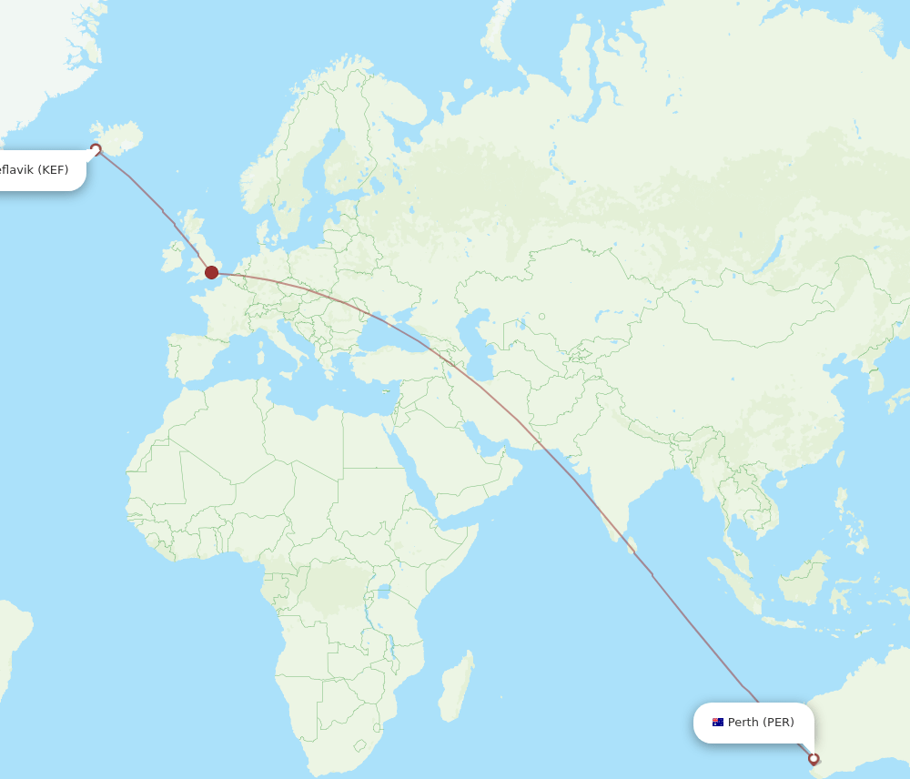 Reykjavik - Perth route map and flight paths