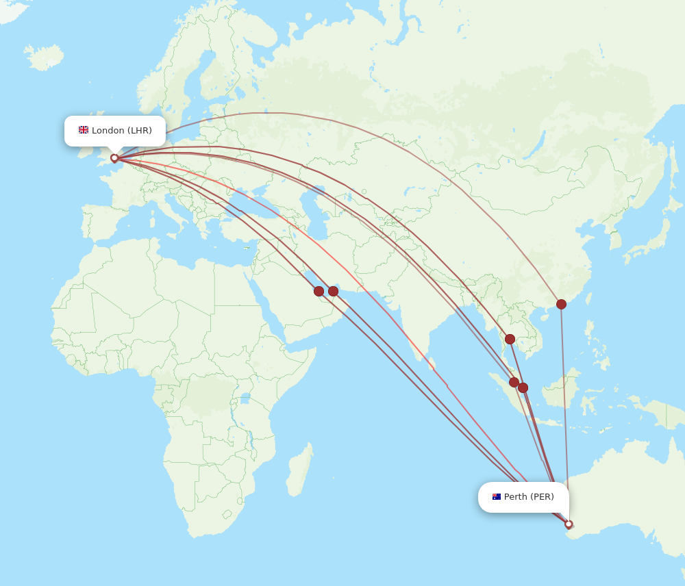 PER to LHR flights and routes map