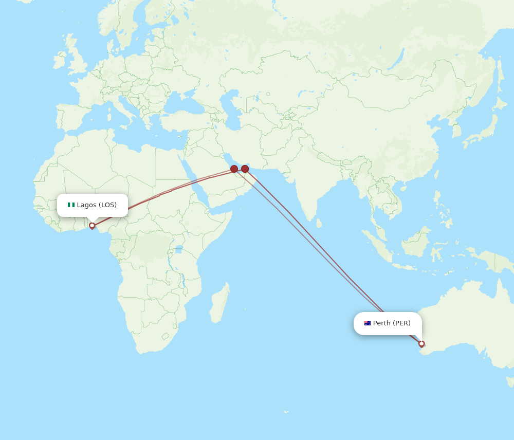 Lagos - Perth route map and flight paths
