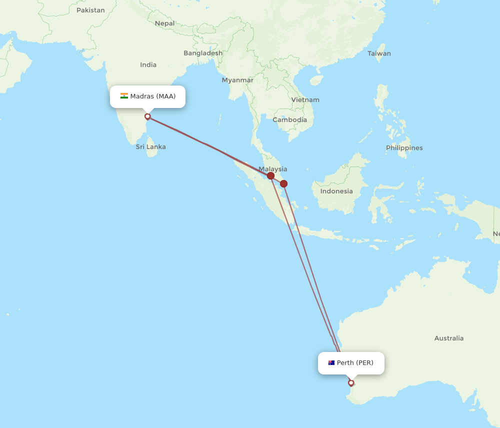 PER to MAA flights and routes map