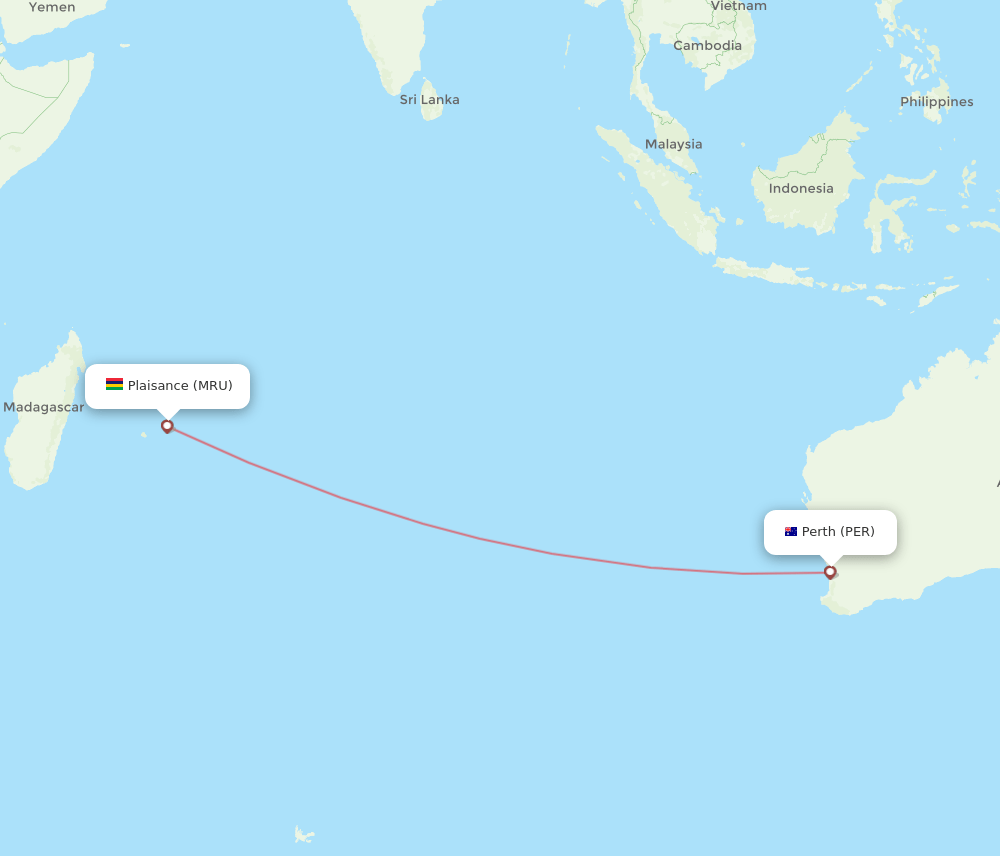 Perth - Mauritius route map and flight paths