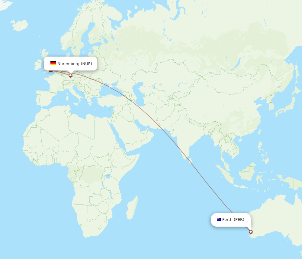 Nuremberg - Perth route map and flight paths