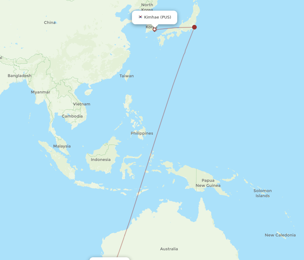 Busan - Perth route map and flight paths