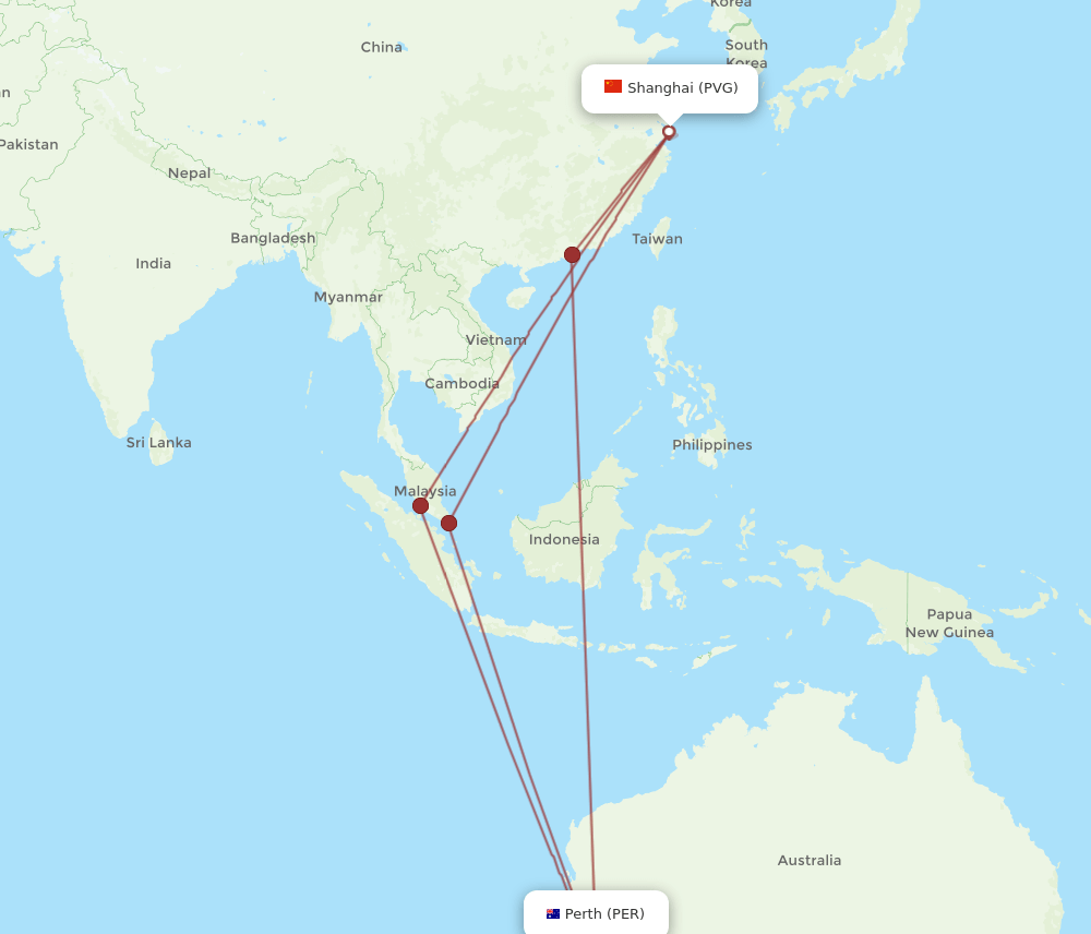 PER to PVG flights and routes map