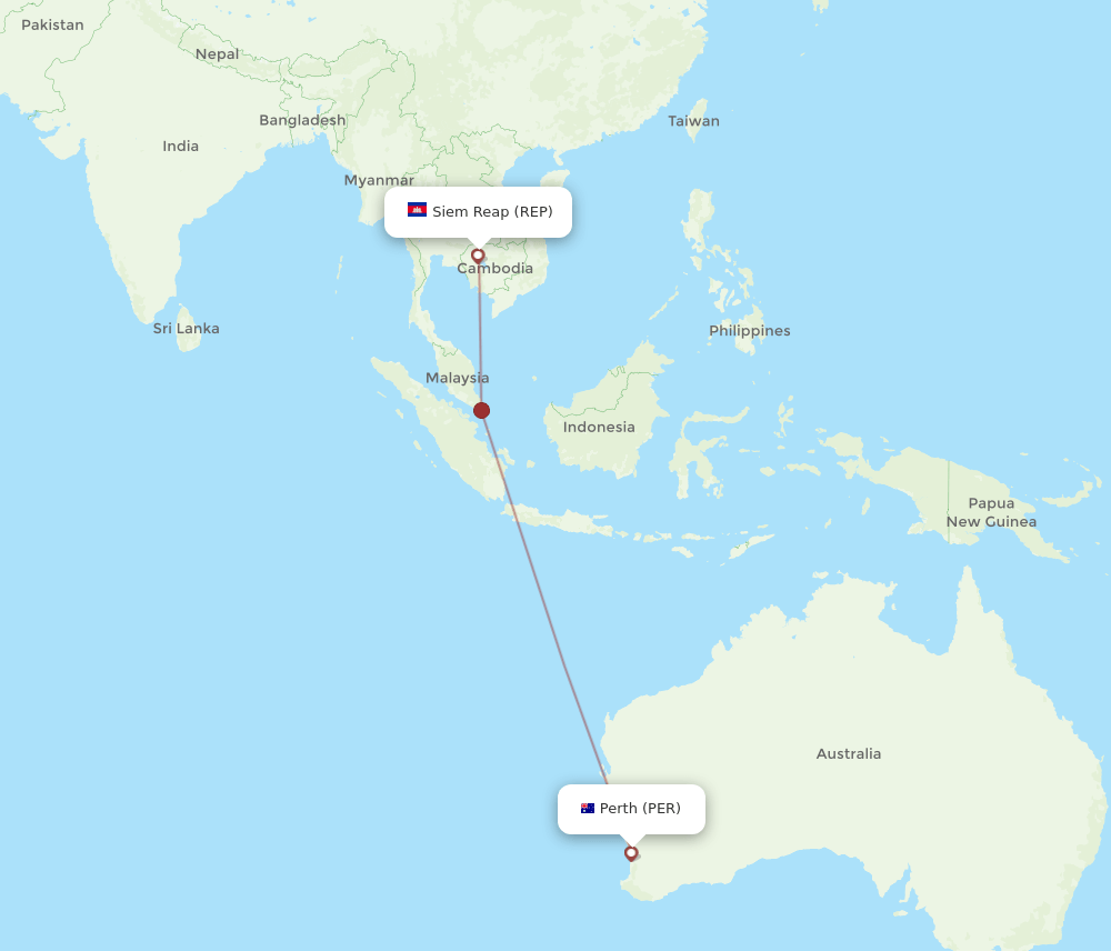 Perth - Siem Reap route map and flight paths