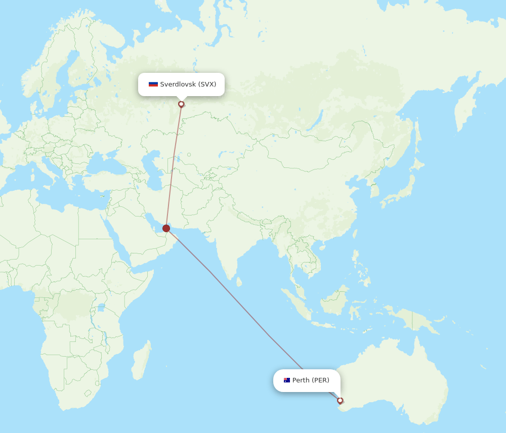 Yekaterinburg - Perth route map and flight paths