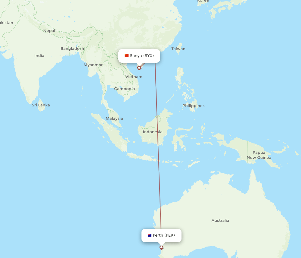 PER to SYX flights and routes map