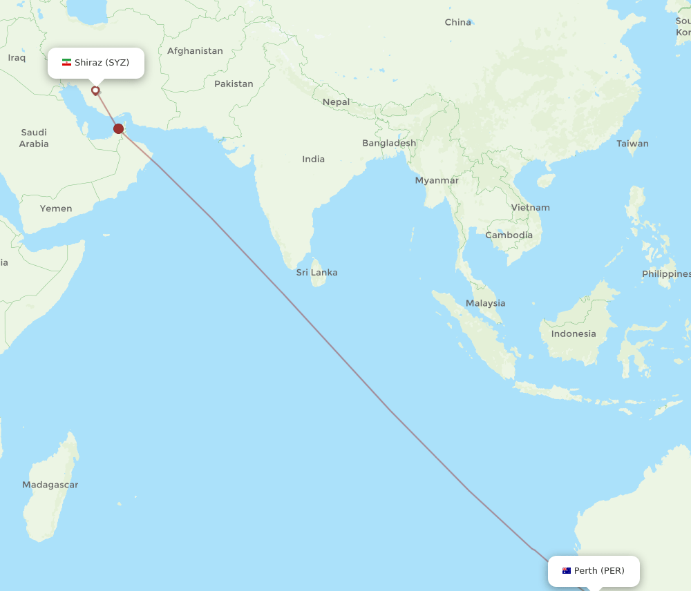 Shiraz - Perth route map and flight paths