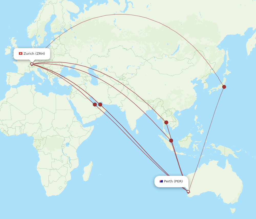 ZRH to PER flights and routes map