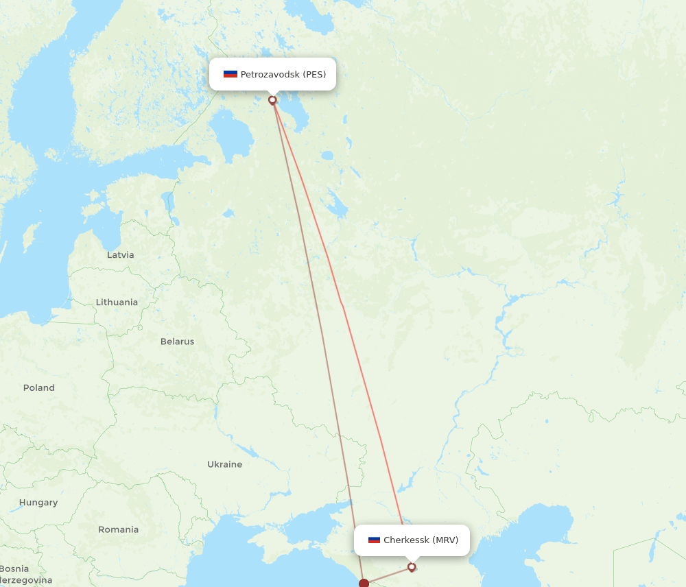 Petrozavodsk - Mineralnye Vody route map and flight paths